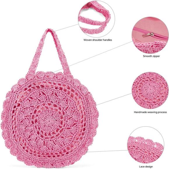Pink Boho Handmade Woven Straw Bag Chic, Beach Tote, Lightweight & Trendy Spring - Picture 2 of 6